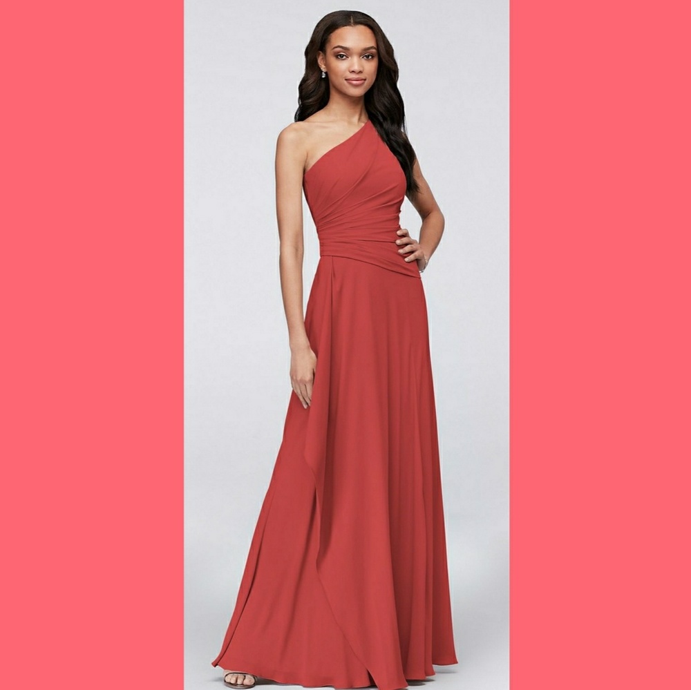 Davids Bridal one shoulder Bridesmaid dress -Guava